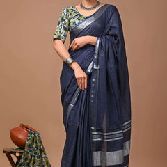 Linen Cotton Blend Handloom Bhagalpuri Saree with Zari Border (12787 Egyptian_Blue)