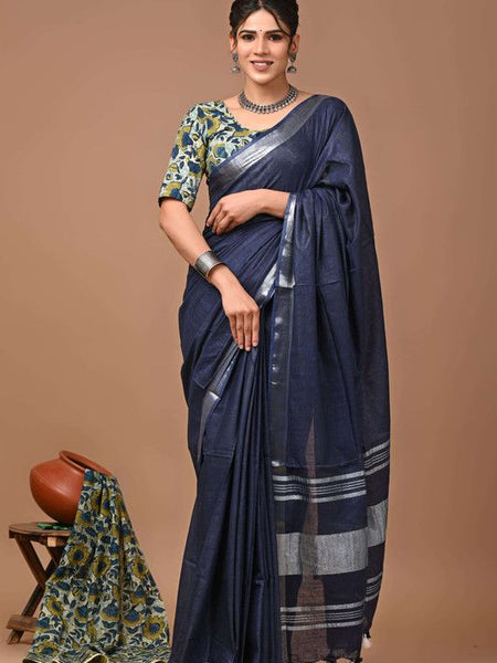 Linen Cotton Blend Handloom Bhagalpuri Saree with Zari Border (12787 Egyptian_Blue)