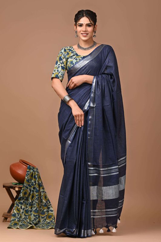 Linen Cotton Blend Handloom Bhagalpuri Saree with Zari Border (12787 Egyptian_Blue)