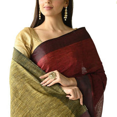 Handloom Pure Linen Dual Color Saree with Ghicha Pallu (Marron_Red & Yellow) - View 4