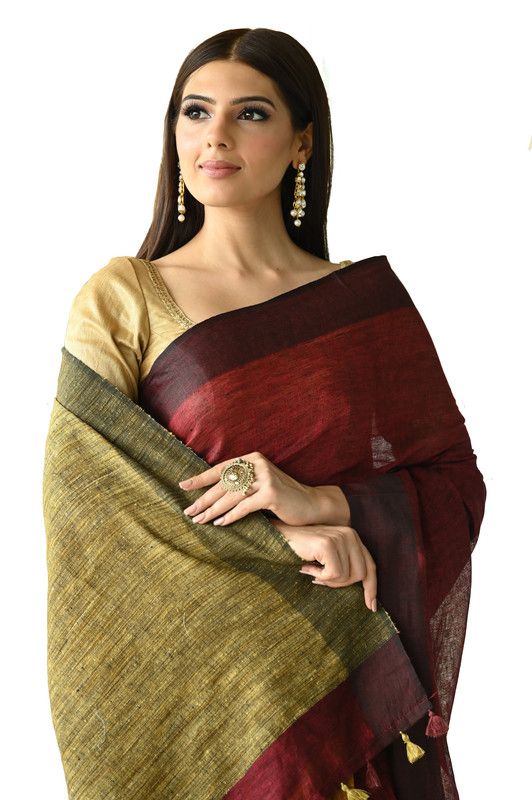 Handloom Pure Linen Dual Color Saree with Ghicha Pallu (Marron_Red & Yellow) - View 4