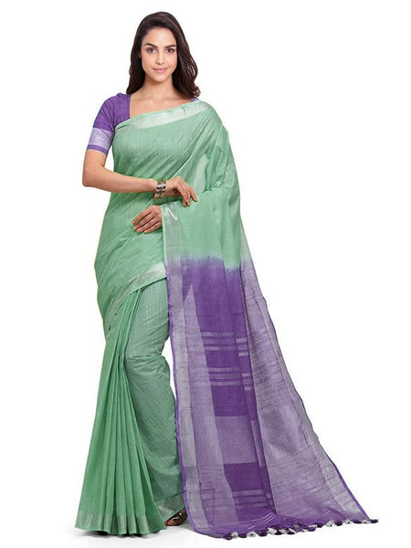 Mint Green & Amethyst Purple women's Handloom Bhagalpuri Cotton Slub Blend Two Dye Saree With Running Unstitched Blouse Piece