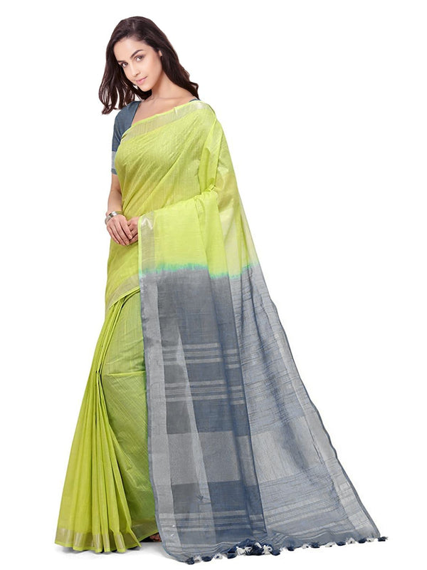 Lime Green & Grey women's Handloom Bhagalpuri Linen Cotton Slub Blend Two Dye Saree With Running Unstitched Blouse Piece - View 3
