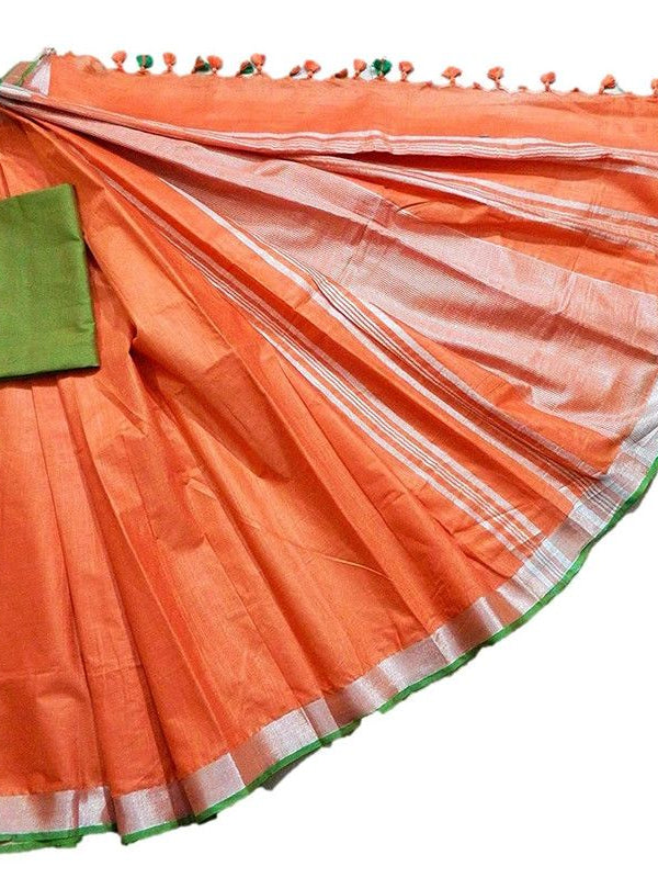 Orange-Green women's Handloom Bhagalpuri Linen Cotton Blend Saree Ethnic Wear With Contrast Unstitched Blouse Piece - View 3