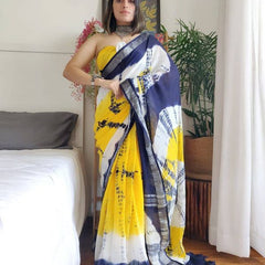 Zari Border Handloom Linen Sibory Dye Saree with Blouse Piece (Blue-White-Yellow)