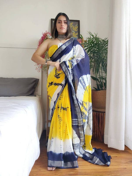 Zari Border Handloom Linen Sibory Dye Saree with Blouse Piece (Blue-White-Yellow)