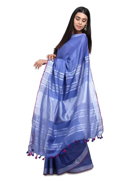 Handloom Linen Cotton Blend Contrast Bhagalpuri Saree for Women (Dodger_Blue-Pink) - View 2