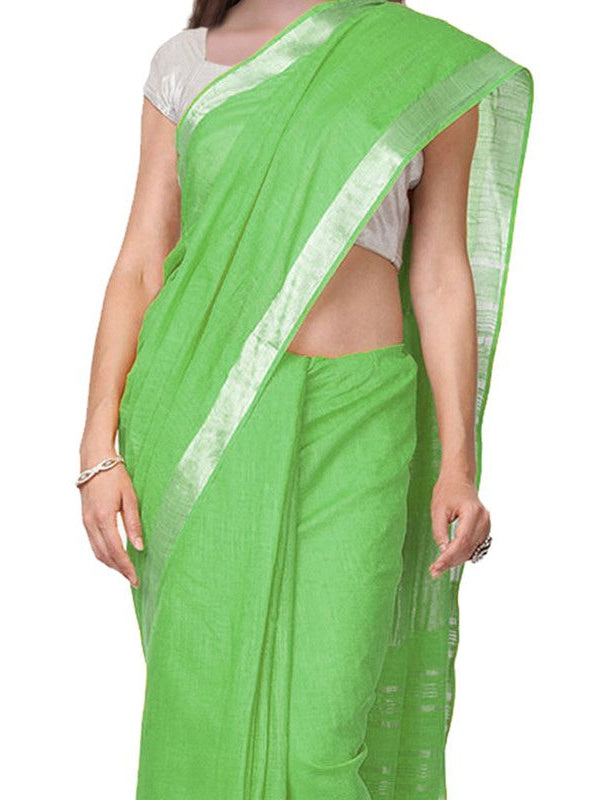 Handloom Bhagalpuri Cotton Linen Slub Blend Zari Border Saree Ethnic Wear With Running Unstitched Blouse Piece - View 6