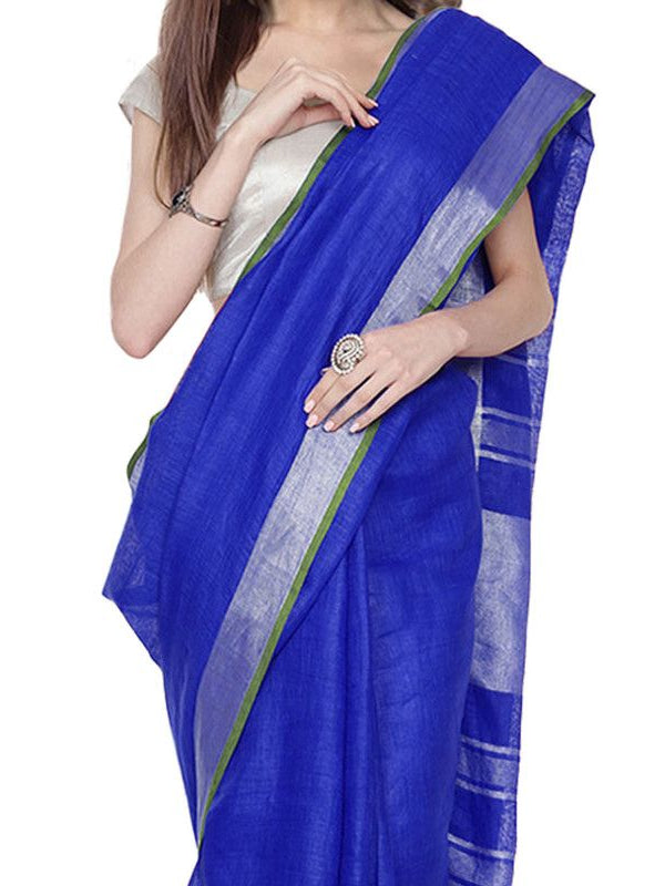 Duke Blue women's Bhagalpuri Handloom Cotton Linen Blend Saree With Contrast Unstiched Blouse Piece - View 5
