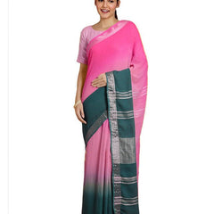 Hot Pink & Midnight Green women's Bhagalpuri Handloom Linen Cotton Blend Two Dye Saree With Running Unstitched Blouse Piece