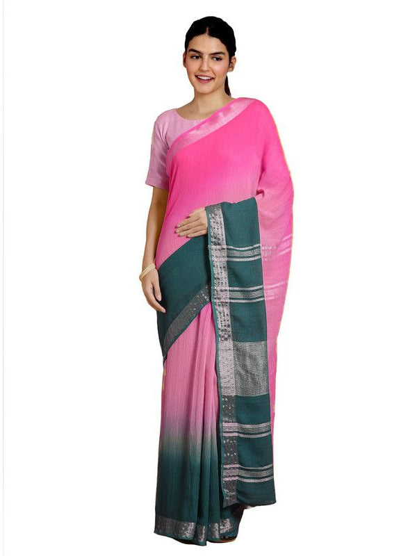 Hot Pink & Midnight Green women's Bhagalpuri Handloom Linen Cotton Blend Two Dye Saree With Running Unstitched Blouse Piece