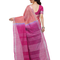 Coral Orange & Raspberry Pink women's Bhagalpuri Handloom Linen Cotton Blend Two Dye Saree With Running Unstitched Blouse Piece - View 2