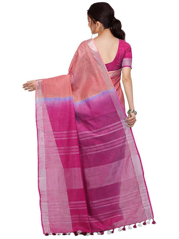 Coral Orange & Raspberry Pink women's Bhagalpuri Handloom Linen Cotton Blend Two Dye Saree With Running Unstitched Blouse Piece - View 2