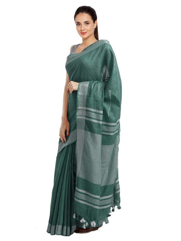 Hookers' Green women's Bhagalpuri Handloom Blend Linen-Cotton Saree With Running Unstiched Blouse Piece_Free Size_Variation Of Colors - View 4