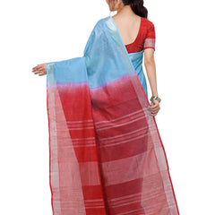 Electric Blue & Red women's Handloom Bhagalpuri Cotton Slub Blend Two Dye Saree With Running Unstitched Blouse Piece - View 3