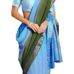 Capri Cyan & Moss Green women's Bhagalpuri Handloom Linen Cotton Blend Two Dye Saree With Running Unstitched Blouse Piece - View 5