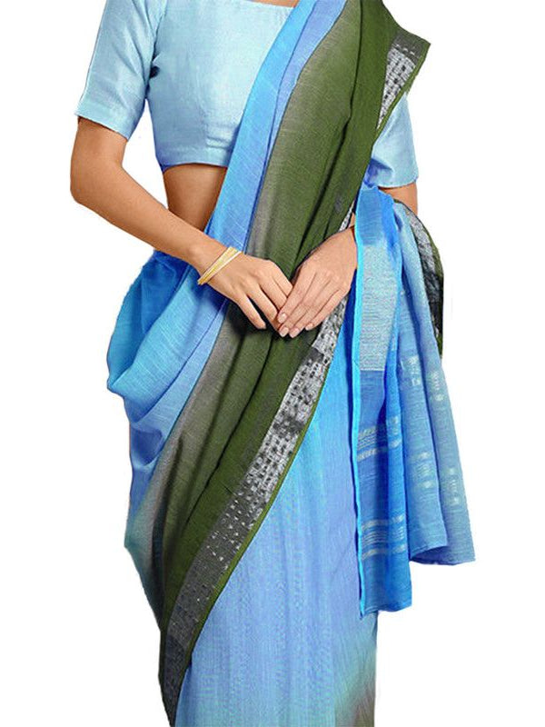 Capri Cyan & Moss Green women's Bhagalpuri Handloom Linen Cotton Blend Two Dye Saree With Running Unstitched Blouse Piece - View 5