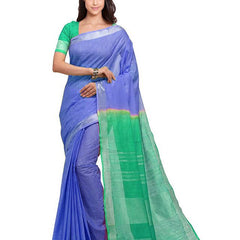 Iris Blue & Aquamarine Turquoise women's Handloom Bhagalpuri Linen Cotton Slub Blend Two Dye Saree With Running Unstitched Blouse Piece - View 2
