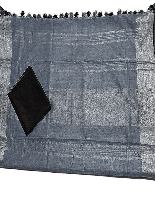 Grey Bhagalpuri Handloom women's Linen Slub Blend Saree With Black Pipin Contrast Blouse Piece - View 2