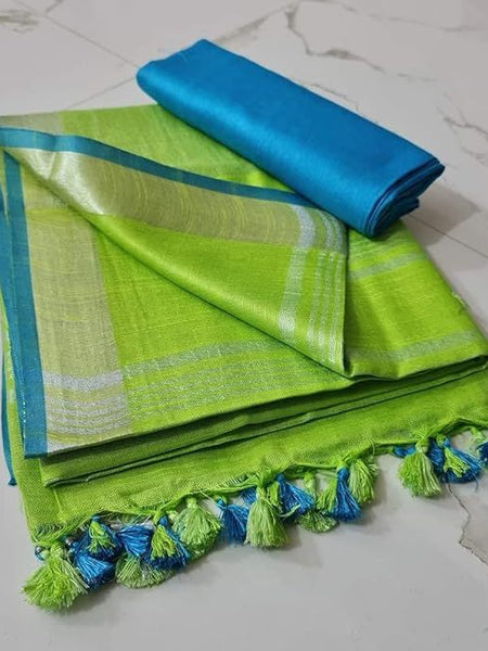 Handloom Bhagalpuri Linen Cotton Blend Contrast Border Saree for Women (12641 Parrot_Green-Cyan)