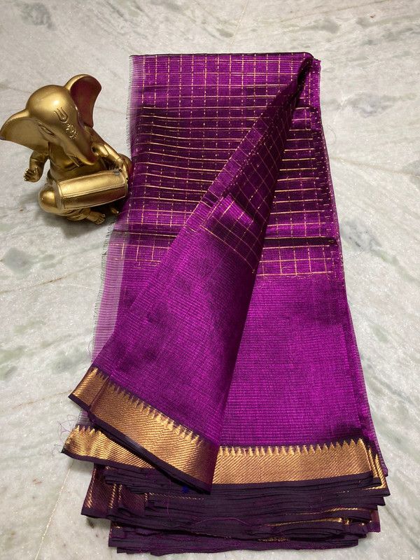 Bhagalpuri Handloom Cotton Silk Check Half Body Saree for women's (Electric_Purple)