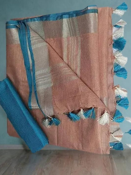 Peach-Cyan  Handloom Bhagalpuri Cotton Linen Blend Saree Ethnic Wear With Contrast Unstitched Free Blouse Piece