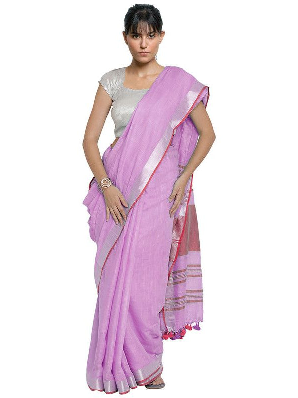 Lavender Pink-Pink women's Bhagalpuri Handloom Cotton Linen Blend Contrast Pallu Saree And Unstitched Contrast Blouse Piece