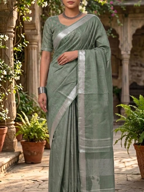 Bhagalpuri Handwoven Cotton-Linen Blend Saree With Running Blouse Piece(Sage Green) - View 2