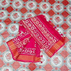 Blend Linen Cotton Handloom Batik Print Saree (GLBR_Gold-Deep_Pink) - View 6