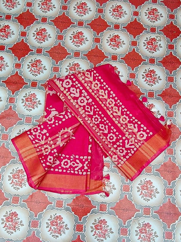 Blend Linen Cotton Handloom Batik Print Saree (GLBR_Gold-Deep_Pink) - View 6