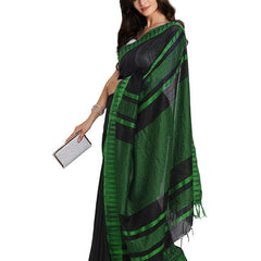 Black-Green women's Bhagalpuri Handloom Katan Viscous Silk Temple Border Saree Ethnic Wear With Running Unstitched Striped Blouse Piece - View 3