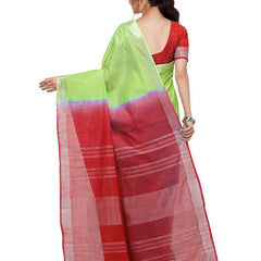 Lawn Green & Red women's Handloom Bhagalpuri Linen Blend Two Dye Saree With Running Unstitched Blouse Piece - View 3