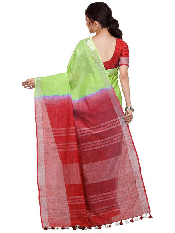 Lawn Green & Red women's Handloom Bhagalpuri Linen Blend Two Dye Saree With Running Unstitched Blouse Piece - View 3