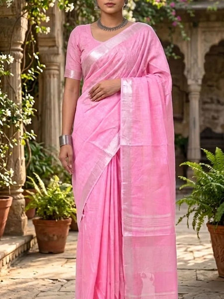 Bhagalpuri Handwoven Cotton-linen Blend Saree With Running Blouse Piece(Baby Pink) - View 2