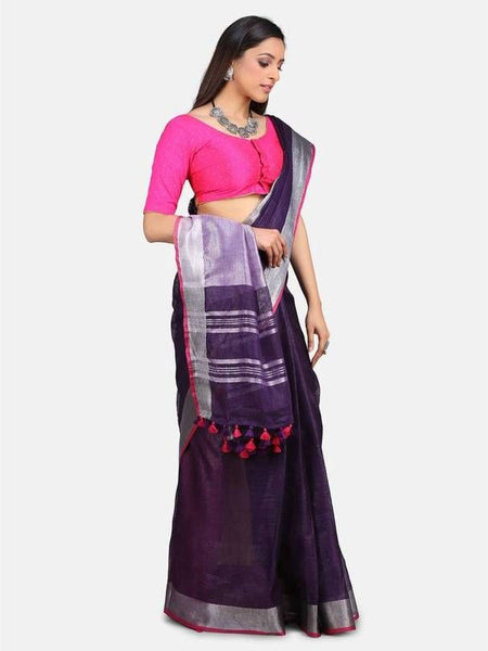 Linen Cotton Blend Contrast Handloom Bhagalpuri Saree for Women (French_Purple-Pink ) - View 3