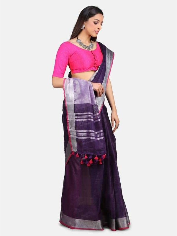 Linen Cotton Blend Contrast Handloom Bhagalpuri Saree for Women (French_Purple-Pink ) - View 3