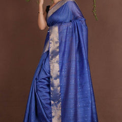 Blue Sequins Bhagalpuri Silk Handloom Striped Saree - View 2