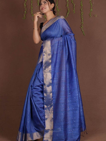 Blue Sequins Bhagalpuri Silk Handloom Striped Saree - View 2