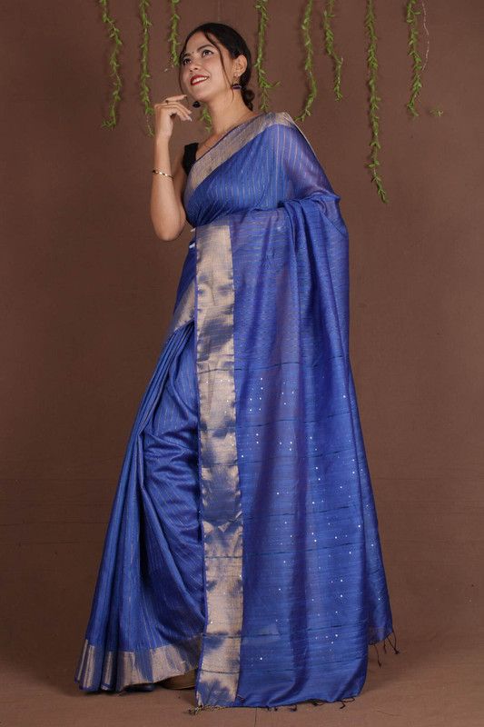 Blue Sequins Bhagalpuri Silk Handloom Striped Saree - View 2
