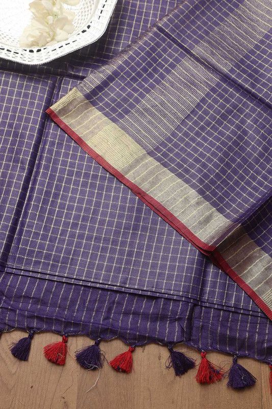 Bhagalpuri Linen Blend Check Saree with Contrast Blouse Piece - View 6