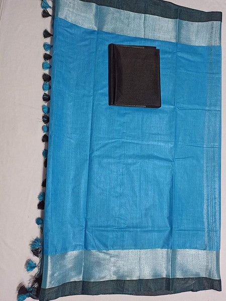 Cyan-Black women's Handloom Bhagalpuri Cotton Linen Blend Saree Ethnic Wear With Contrast Unstitched Blouse Piece - View 3