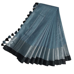 Airforce Blue Bhagalpuri Handloom women's Linen Slub Blend Saree With Black Pipin Contrast Blouse Piece