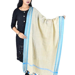 Handloom Linen Temple Border Bhagalpuri Dupatta (Cyan)