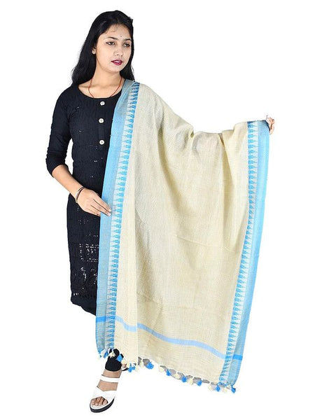 Handloom Linen Temple Border Bhagalpuri Dupatta (Cyan)
