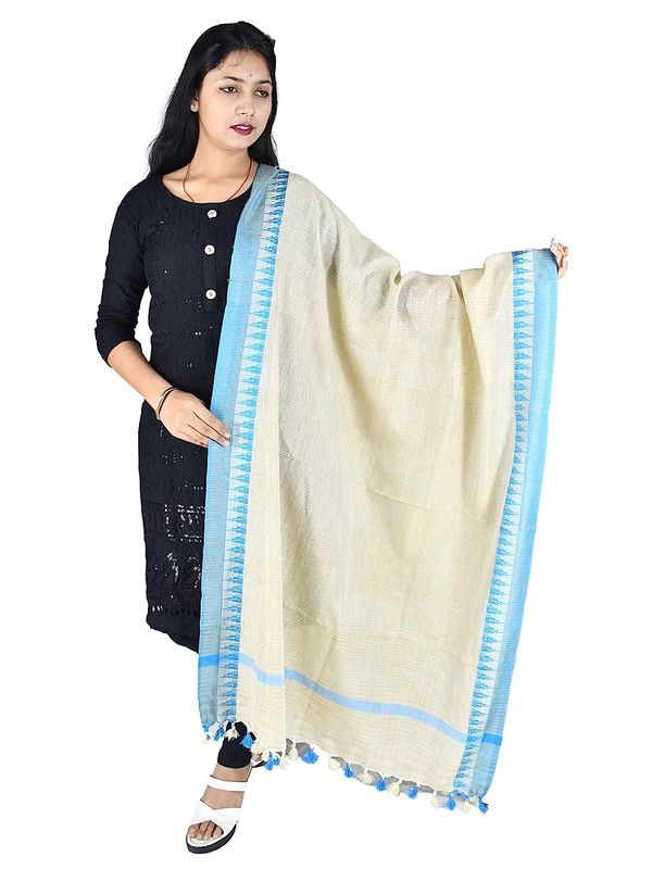 Handloom Linen Temple Border Bhagalpuri Dupatta (Cyan)