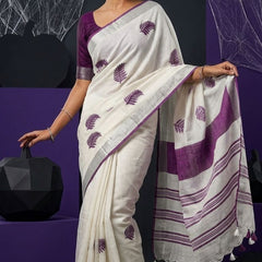Handwoven Bhagalpuri Linen Blend Embroidered Saree With Contrast Blouse Piece(White_Purple)