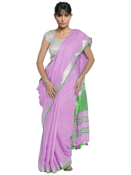 Plum Purple-Green women's Bhagalpuri Handloom Cotton Linen Blend Contrast Pallu Saree And Unstitched Contrast Blouse Piece