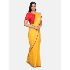 Linen Cotton Blend Contrast Handloom Bhagalpuri Saree for Women (Gold-Gamboge_Yellow-Red) - View 2
