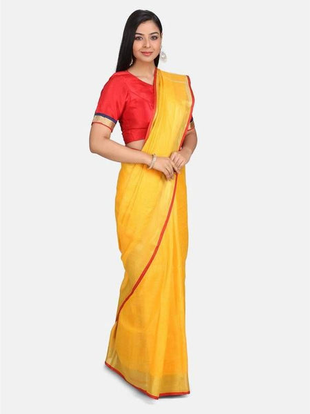 Linen Cotton Blend Contrast Handloom Bhagalpuri Saree for Women (Gold-Gamboge_Yellow-Red) - View 2