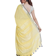 Daisy Yellow women's Bhagalpuri Handloom Cotton Linen Blend Saree With Contrast Unstiched Blouse Piece - View 4